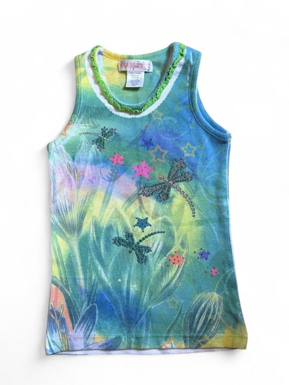 Y2K Vintage Kids Starlette whimsical multicolored tank top w/ dragonflies stars